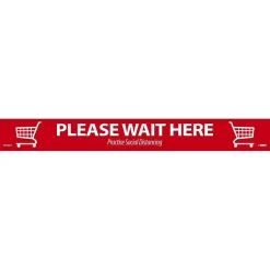 Social Distance Signage<National Marker Temp-Step™ Floor Decal, "Please Wait Here," 2.25" x 20", Red/White (WFS80A)