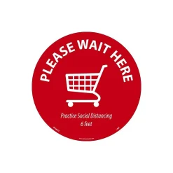 Social Distance Signage<National Marker TexWalk® Floor Decal, "Please Wait Here," 8", Red/White (WFS82TX)