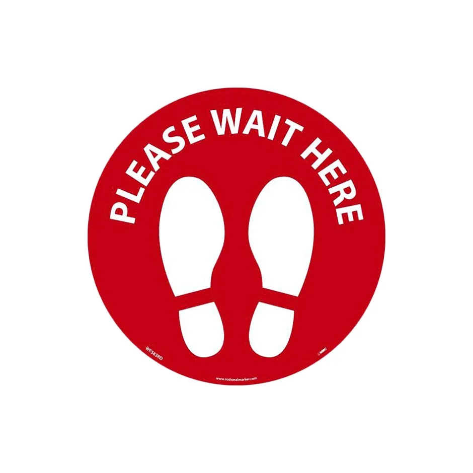 Social Distance Signage<National Marker Walk-On™ Floor Decal, "Please Wait Here," 8", Red/White (WFS83RD)