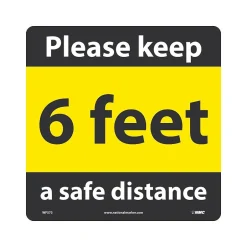 Social Distance Signage<National Marker Walk-On™ Floor Decal, "6 Feet Please Keep a Safe Distance," 12" x 12", Yellow/Black (WFS73)
