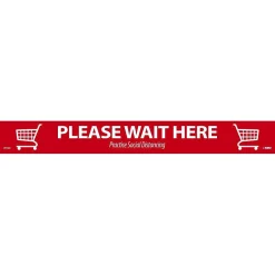 Social Distance Signage<National Marker Walk-On™ Floor Decal, "Please Wait Here," 2.25" x 20", Red/White (WFS80)