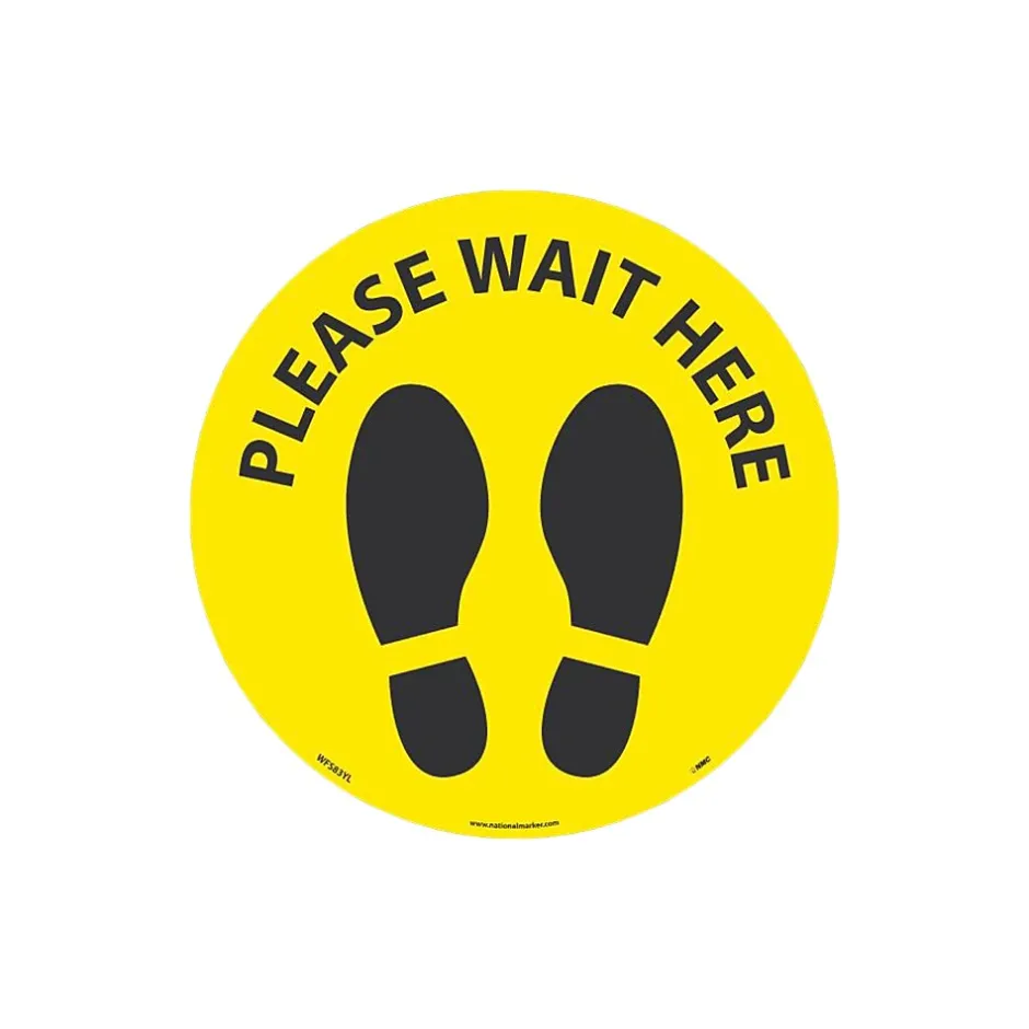 Social Distance Signage<National Marker Walk-On™ Floor Decal, "Please Wait Here," 8", Yellow/Black (WFS83YL)