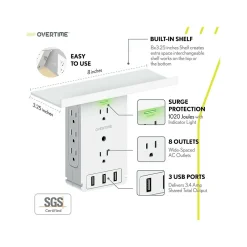 Surge Protectors & Power Strips<Overtime Wall Outlet Shelf, 8 Outlets and 3 USB Ports, Surge Protector, White (OTWP8O3USB)