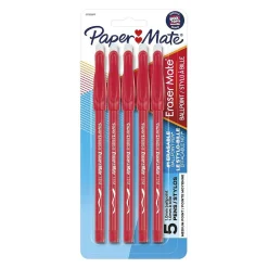 Paper Mate Eraser Mate Erasable Ballpoint Pen, Medium Point, Red Ink, 5/pk (31735) New