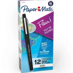Paper Mate Flair Felt Pens, Medium Point, 0.7mm, Black Ink, Dozen (8430152) New