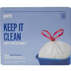 Perk ™ 13 Gallon Kitchen Trash Bag, 28" x 24", Low Density, 0.9 mil, White, 120 Bags/Box, 3 Boxes/Carton (PK56750CT)
