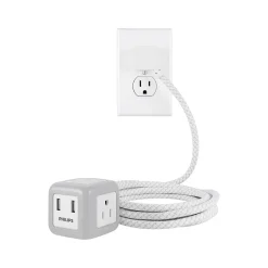 Surge Protectors & Power Strips<Philips 3-Outlet 2-USB Port Power Strip, 10', Gray/White (SPS3102WB/37)