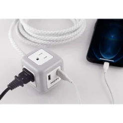 Surge Protectors & Power Strips<Philips 3-Outlet 2-USB Port Power Strip, 10', Gray/White (SPS3102WB/37)