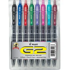 Pilot G2 Retractable Gel Pens, Fine Point, Assorted Ink, 8/Pack (31128) Clearance