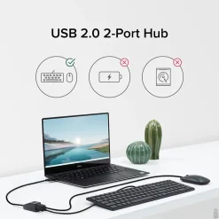 Usb Hubs<Plugable 2-Port USB 2.0 Hub, Black (USB2-2PORT)