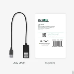 Usb Hubs<Plugable 2-Port USB 2.0 Hub, Black (USB2-2PORT)