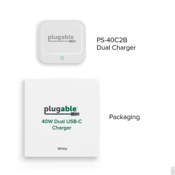 Plugable 40W Dual USB-C Wall Charger, White (PS-40C2W)