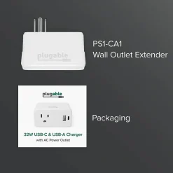 Plugable Wall Outlet Extender with USB-C and USB Charger, White (PS1-CA1)