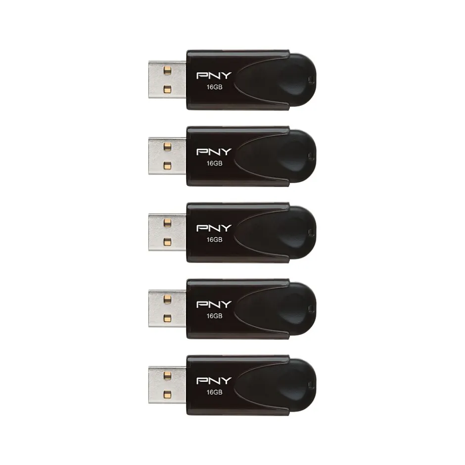 PNY Attache 4 16GB USB 2.0 Type-A Flash Drive, Black, 5/Pack (P-FD16GX5ATT4MC)* Usb Flash Drives