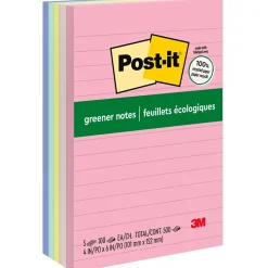 Best Greener Recycled Notes, 4" x 6", Collection, Lined, 100 Sheet/Pad, 5 Pads/Pack (6605PKRPA) Post-It Notes