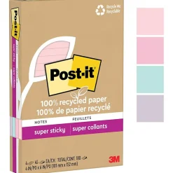 Outlet Recycled Super Sticky Notes, 4" x 6", Collection, 45 Sheet/Pad, 4 Pads/Pack (4621R-4SSNRP) Post-It Notes
