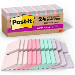 Sale Recycled Super Sticky Notes, 3" x 3", Wanderlust Pastels Collection, 70 Sheet/Pad, 24 Pads/Pack (654R-24SSNRPCP) Post-It Notes