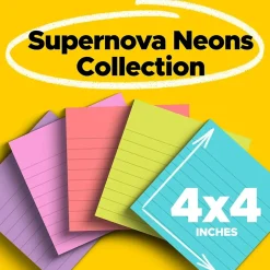 Discount Super Sticky Notes, 4" x 4", Supernova Neons Collection, Lined, 90 Sheet/Pad, 6 Pads/Pack (675-6SSMIA) Post-It Notes