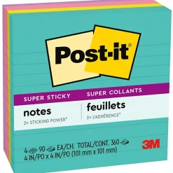 Online Super Sticky Notes, 4" x 4", Supernova Neons Collection, Lined, 90 Sheet/Pad, 4 Pads/Pack (675-4SSMIA) Post-It Notes
