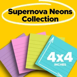 Online Super Sticky Notes, 4" x 4", Supernova Neons Collection, Lined, 90 Sheet/Pad, 4 Pads/Pack (675-4SSMIA) Post-It Notes