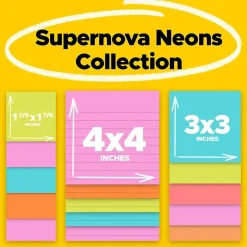 Super Sticky Notes, Supernova Neons Collection, 45 Sheet/Pad, 15 Pads/Pack (4423-15SSMIA) Sticky Notes