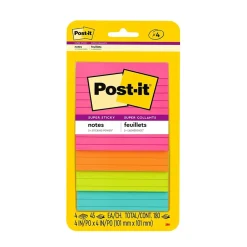 Super Sticky Notes, 4" x 4", Supernova Neons Collection, Lined, 45 Sheet/Pad, 4 Pads/Pack (4421-4SSMX) Post-It Notes
