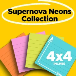 Super Sticky Notes, 4" x 4", Supernova Neons Collection, Lined, 45 Sheet/Pad, 4 Pads/Pack (4421-4SSMX) Post-It Notes