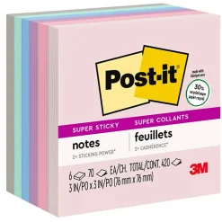 Clearance Super Sticky Notes, 3" x 3", Wanderlust Pastels Collection, 70 Sheet/Pad, 6 Pads/Pack (6546SSNRP) Sticky Notes