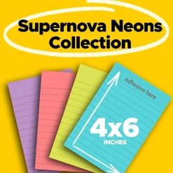 Clearance Super Sticky Notes, 4" x 6", Supernova Neons Collection, Lined, 45 Sheet/Pad, 24 Pads/Pack (660-24SSMIA-CP) Sticky Notes