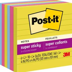 Hot Super Sticky Notes, 4" x 4", Summer Joy Collection, Lined, 90 Sheet/Pad, 6 Pads/Pack (675-6SSJOY) Post-It Notes