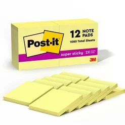 Super Sticky Notes, 3" x 3", Canary Collection, 90 Sheet/Pad, 12 Pads/Pack (65412SSCY) Post-It Notes