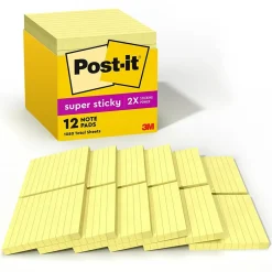 Outlet Super Sticky Notes, 4" x 4", Canary Collection, Lined, 90 Sheet/Pad, 12 Pads/Pack (675-12SSCP) Sticky Notes
