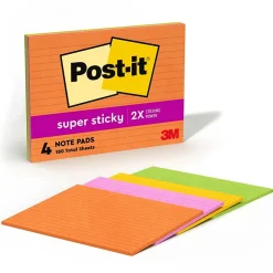 Clearance Super Sticky Notes, 8" x 6", Energy Boost Collection, Lined, 45 Sheet/Pad, 4 Pads/Pack (6845-SSPL) Post-It Notes