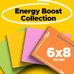 Clearance Super Sticky Notes, 8" x 6", Energy Boost Collection, Lined, 45 Sheet/Pad, 4 Pads/Pack (6845-SSPL) Post-It Notes