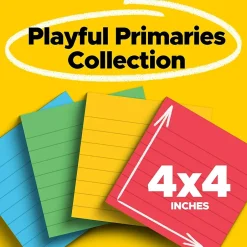 Sale Super Sticky Notes, Playful Primaries Colors, Lined, 4 in x 4 in, 90 Sheets/Pad, 4 Pads/Pack (675-4SSAN) Post-It Notes