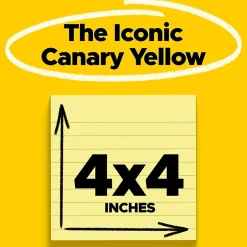 Super Sticky Notes, 4" x 4", Canary Collection, Lined, 90 Sheet/Pad, 4 Pads/Pack (675-4SSCY) Post-It Notes