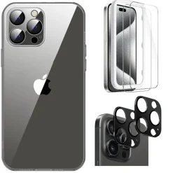 Cell Phone Cases<SaharaCase Hybrid-Flex Hard Shell Case, Tempered Glass Screen, Camera Protector for iPhone 15 Pro Max, Clear (CP471ZD128ZD131)