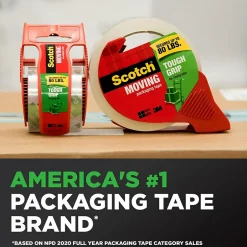 Scotch Tough Grip Moving Packaging Tape, 1.88 in. x 22.2 yd., Clear (150)* Packing Tape