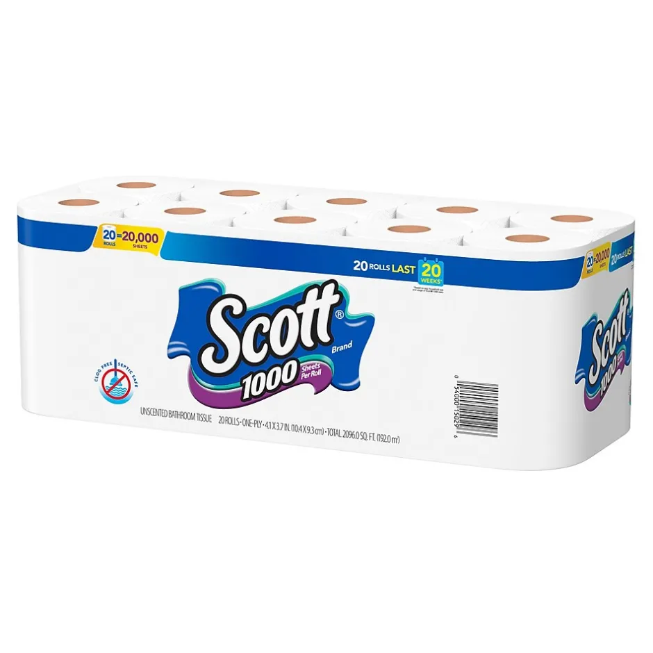 Scott Toilet Paper, 1-ply, White, 1000 Sheets/Roll, 20 Rolls/Case (49668)