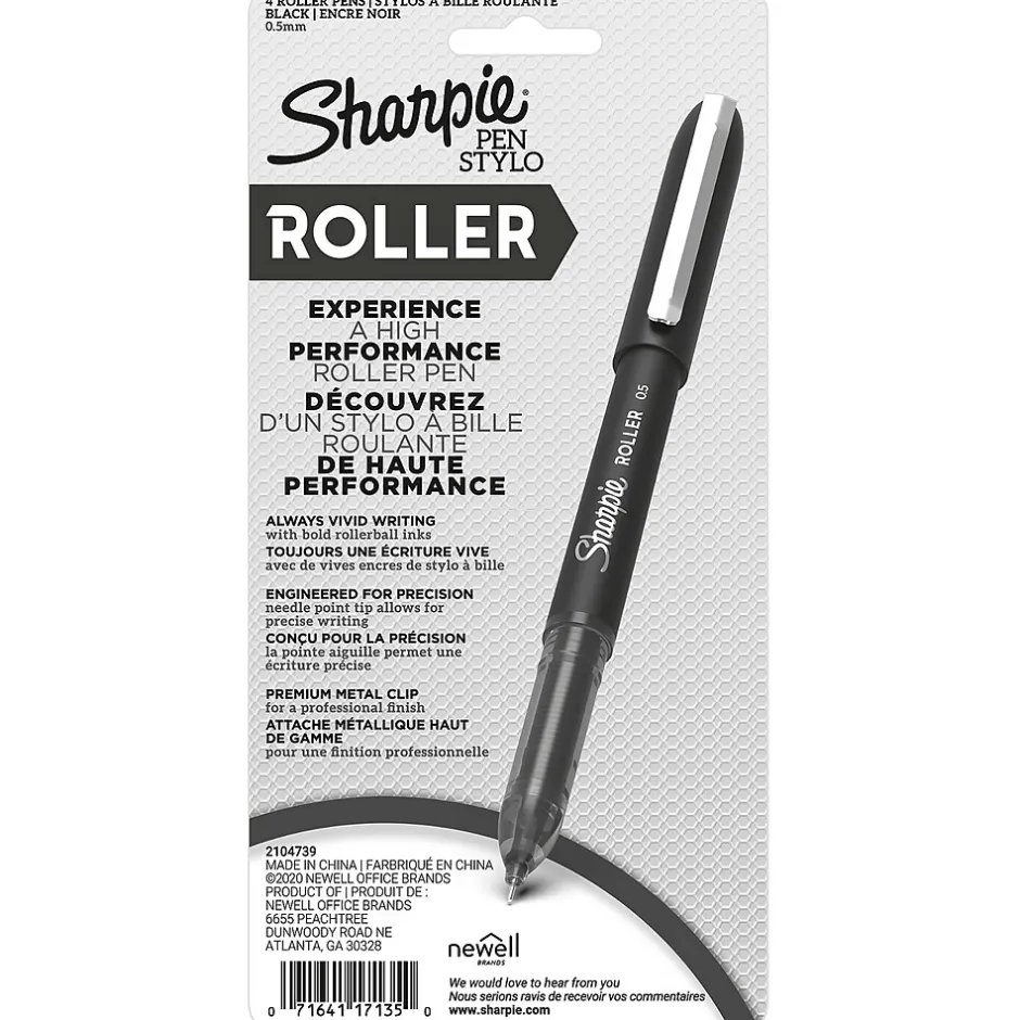 Sharpie Rollerball Pens, 0.5 mm, Needle Point, Black Ink, 4/Pack (2093222) Sale