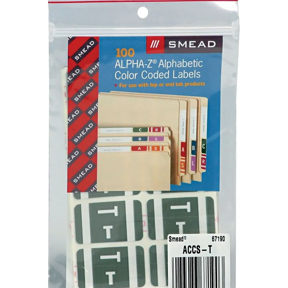 Smead AlphaZ ACCS Color-Coded Alphabetic Labels, T, Gray, 100/Pack (67190)