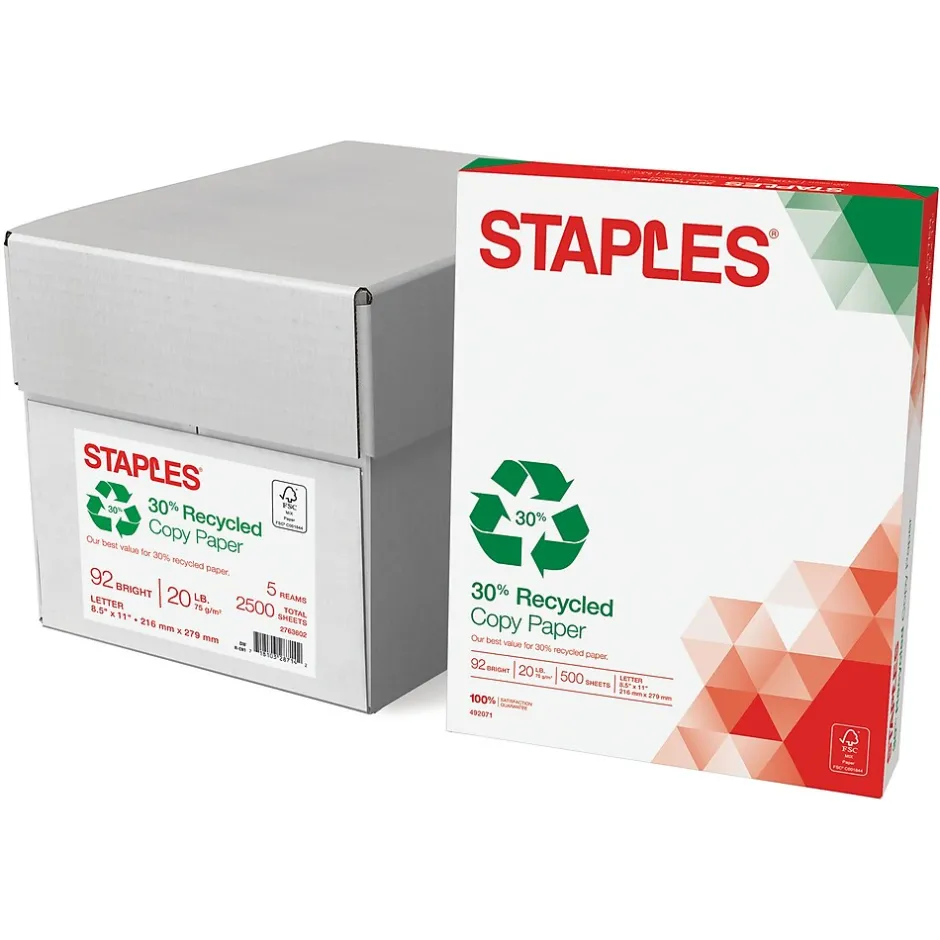 Discount 30% Recycled 8.5" x 11" Copy Paper, 20 lbs., 92 Brightness, 500 Sheets/Ream, 5 Reams/Carton (51959-US) Copy Paper