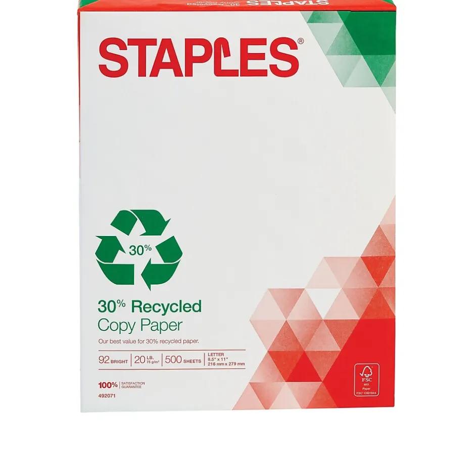 Discount 30% Recycled 8.5" x 11" Copy Paper, 20 lbs., 92 Brightness, 500 Sheets/Ream, 5 Reams/Carton (51959-US) Copy Paper