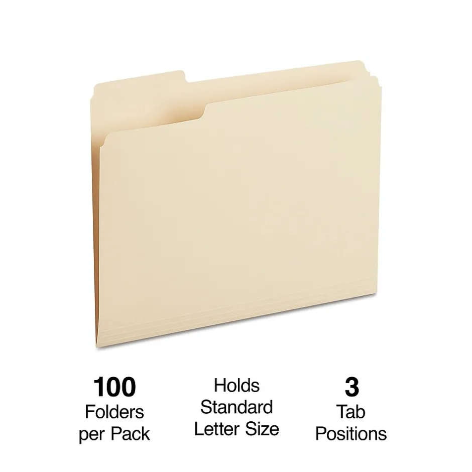 Staples 30% Recycled File Folders, 1/3-Cut Tab, Left Position, Letter Size, Manila, 100/Box (ST116749/116749) Clearance
