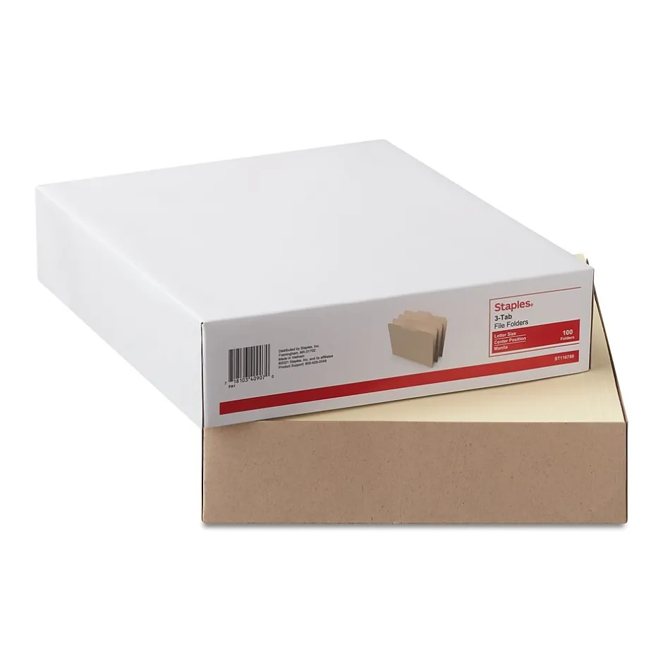 Staples 30% Recycled File Folders, 1/3-Cut Tab, Center Position, Letter Size, Manila, 100/Box (ST116780/116780) Online