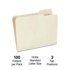 Staples 30% Recycled File Folders, 1/3-Cut Tab, Right Position, Letter Size, Manila, 100/Box (ST116822/116822)