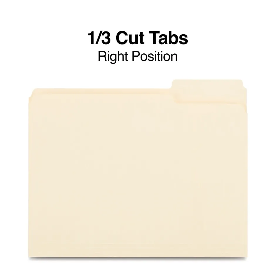 Staples 30% Recycled File Folders, 1/3-Cut Tab, Right Position, Letter Size, Manila, 100/Box (ST116822/116822)