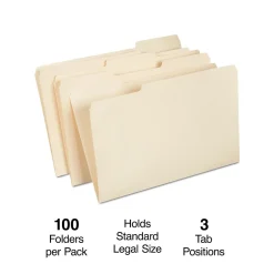 Staples 30% Recycled File Folders, 1/3-Cut Tab, Legal, Manila, 100/Box (ST56680-CC) New