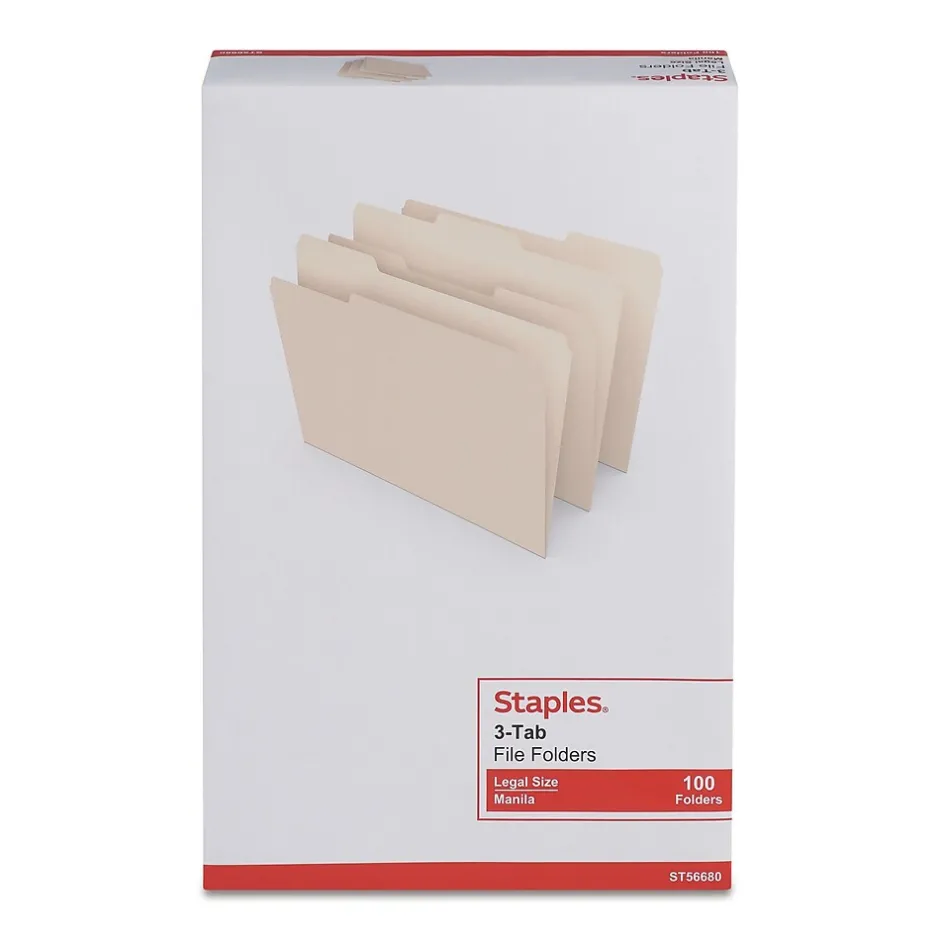 Staples 30% Recycled File Folders, 1/3-Cut Tab, Legal, Manila, 100/Box (ST56680-CC) Sale