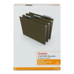 Staples ® 95% Recycled Hanging File Folders, 1/3-Cut Tab, Letter Size, Standard Green, 25/Box (ST116806/116806) Best